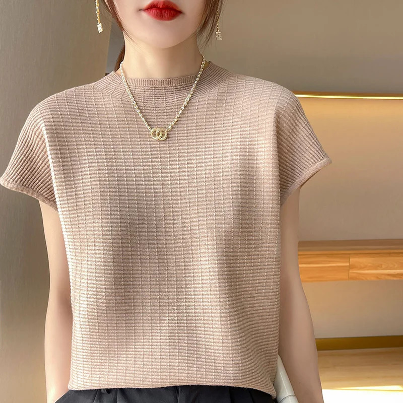 Summer Female Tshirts Short Sleeve Women Oneck Solid Color Fashion Womens Clothing Tee Mock Neck Casual Soft T Shirt Oversize 250211