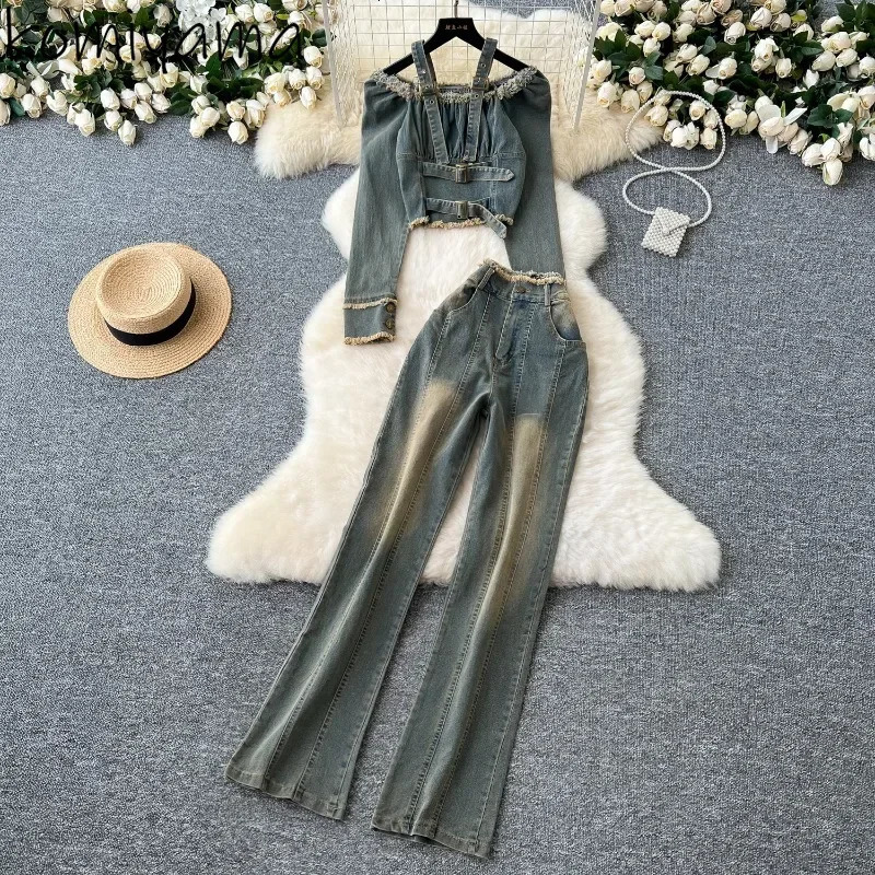 Autumn Denim 2 Piece Set Women Halter Slash Neck Off Shoulder Long Sleeve Pleated Jackets Casual Jeans Y2k Streetwear Suit 250211