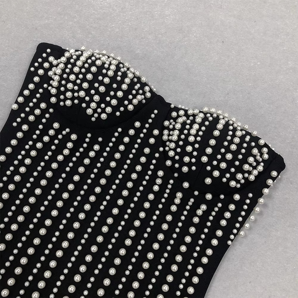 KLEEZY Black Fashion Women's Pearl Tassel Sexy Strapless Sleeveless Bandage Mini Elegant Star Party Evening Dresses