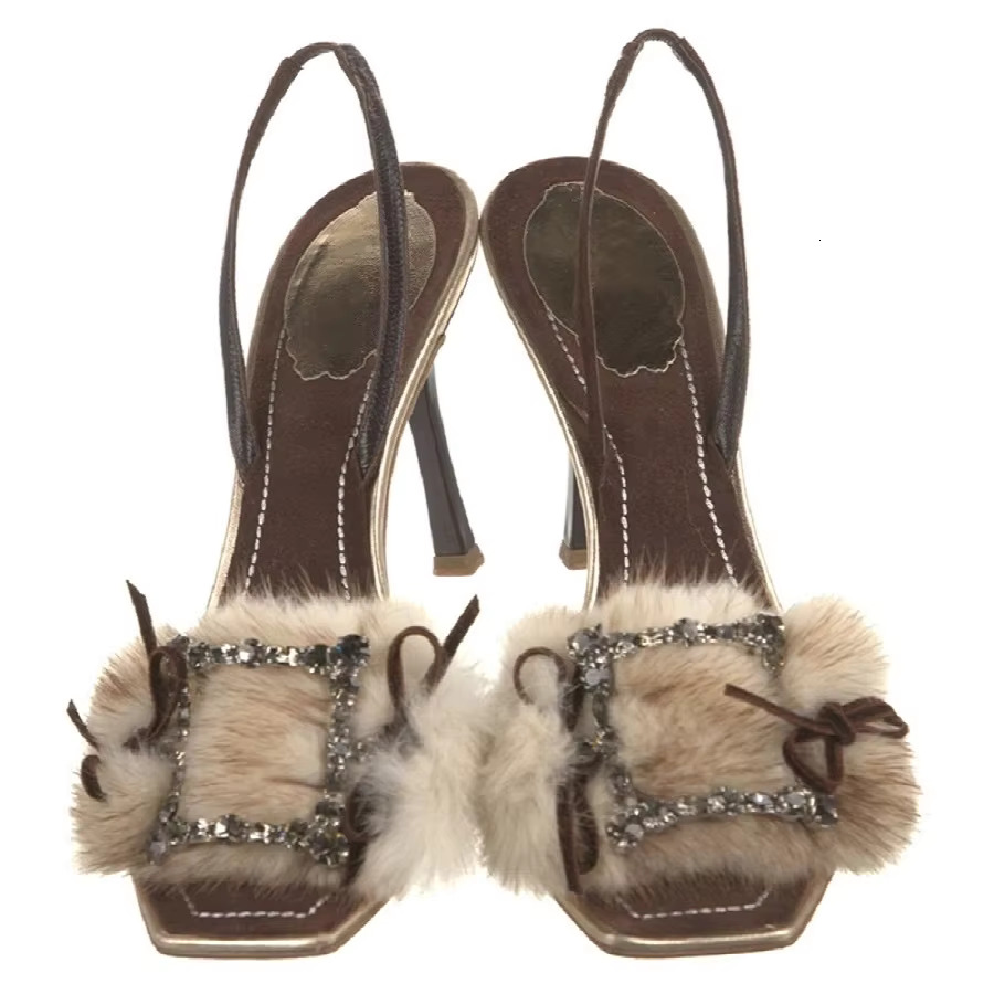 Bare Toed Fine Heeled Fur Water Dia Buckle High-heeled Sandals For Women Hairy With Exposed Toes And A Back Strap Used Shoes 250318