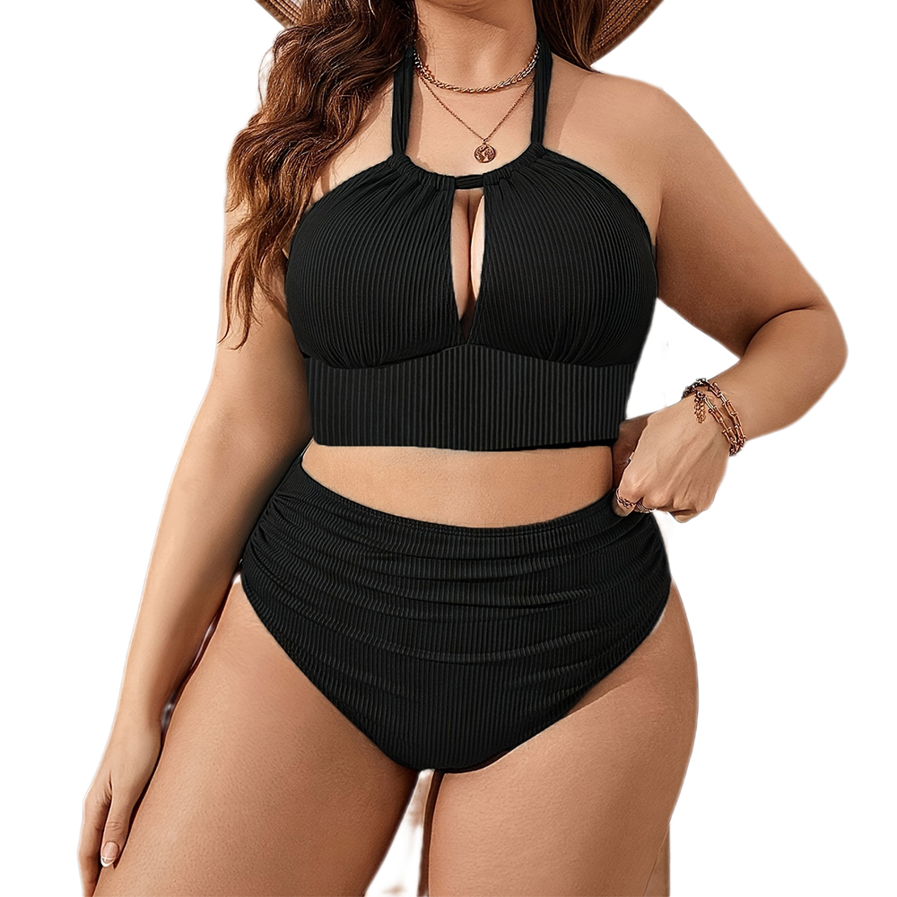 2pcs Chic Plus Size Bikini Women Halter Neck Swimsuit Black Hollow Out Bra with Keyhole Stretchy High Waist Panty Ribbed Swimwear Large Size Bikinis B