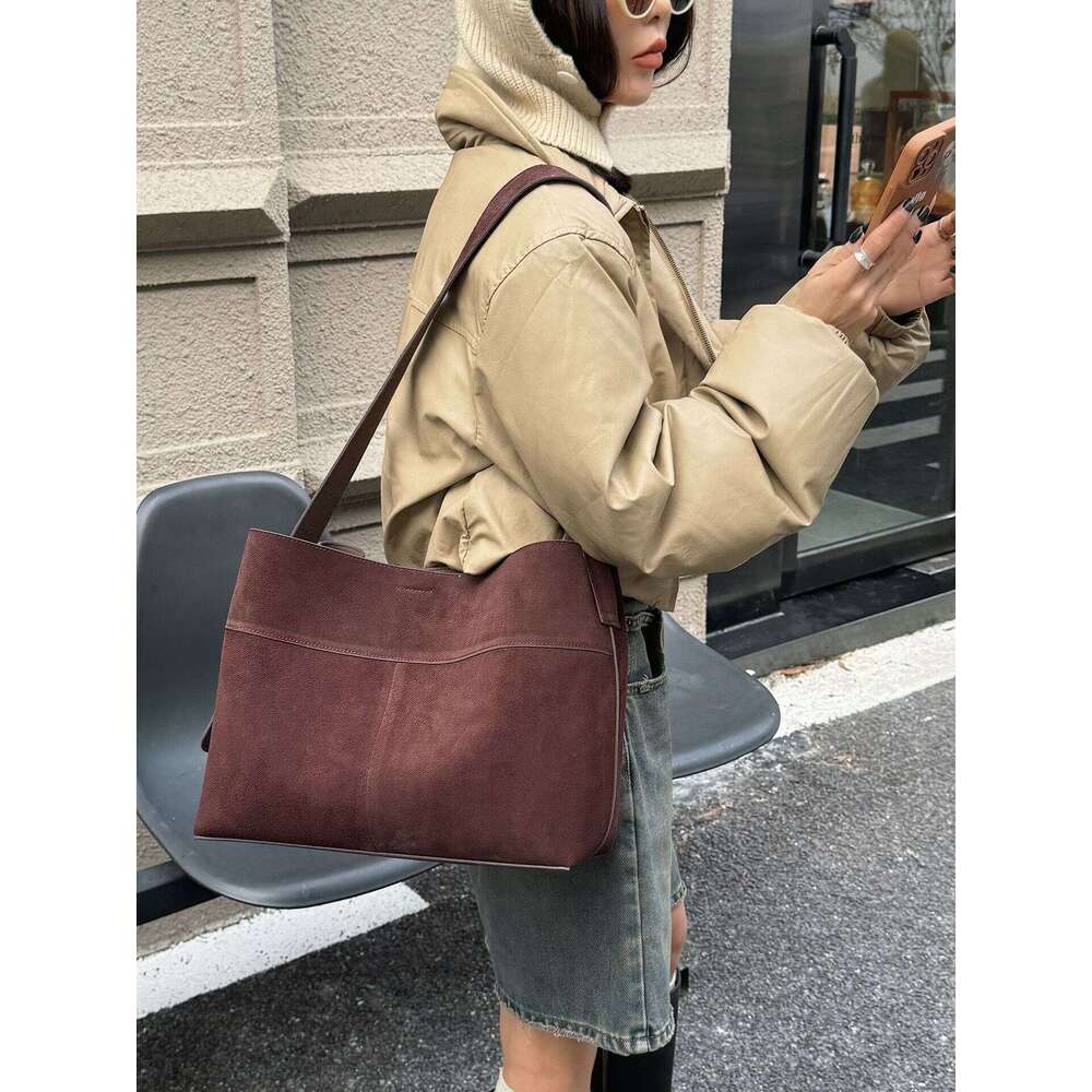 Women's Bags Genuine leather Maillard bag, women's bag, frosted cowhide commuting shoulder bag, underarm bag, large capacity tote bag