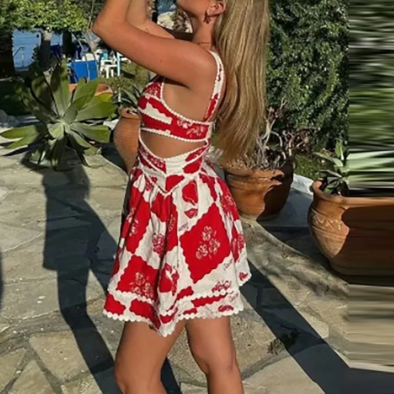 Chic Hollow Out Color Blocked Print Halter Dress Sexy Slim High Waist A-line Party Dress Early Spring Vacation Beach Mini Dress 250210