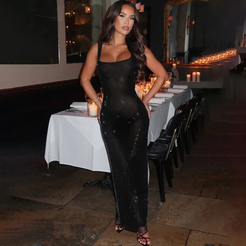 NIDANSSI Diamonds Sequined Glitter Backless Sexy Dress Women Robes Evening Club Party Dress Bodycon Long Summer Dress Vestidos 250210