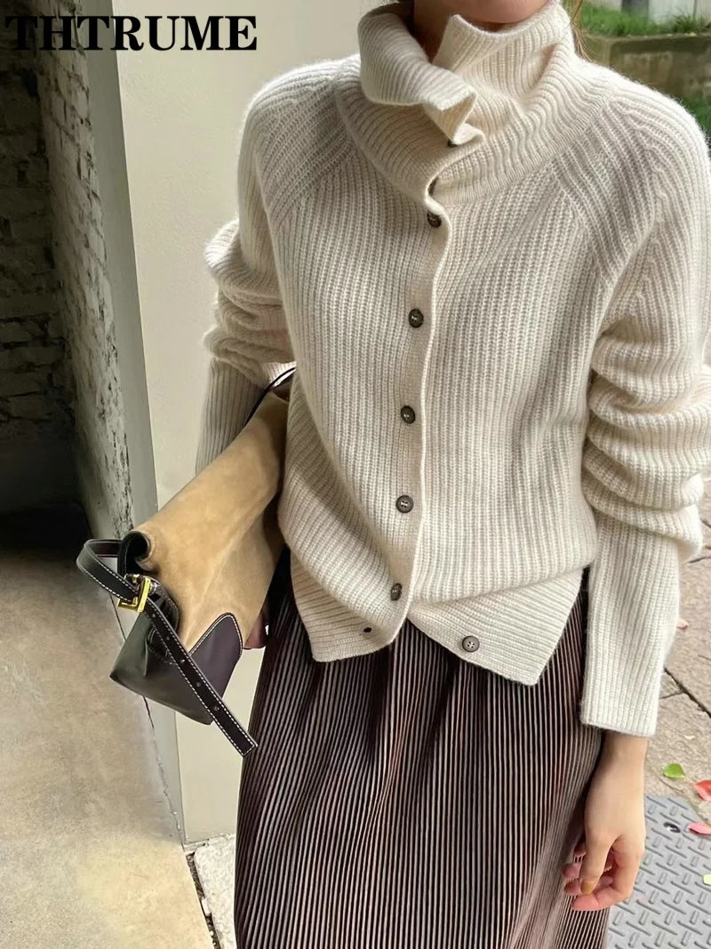 Elegant Turtleneck Cardigan Fashion Women Solid Long Sleeve Single Breasted Sweaters Casual Loose Korean Knit Cardigans 250206