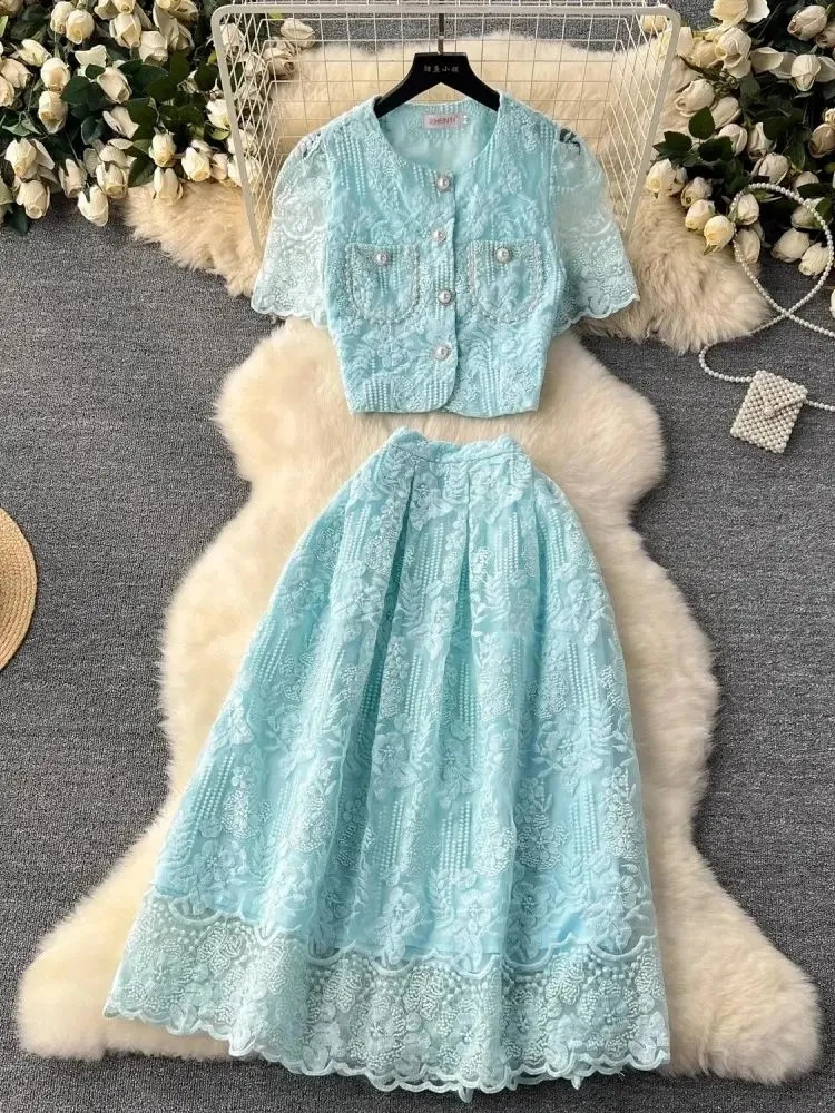 Small Fragrant Embroidery Flower Two Piece Set Women Short Sleeve Pearls Buttons Pocket Lace Mesh Crop Top Midi Skirts Suit 250211