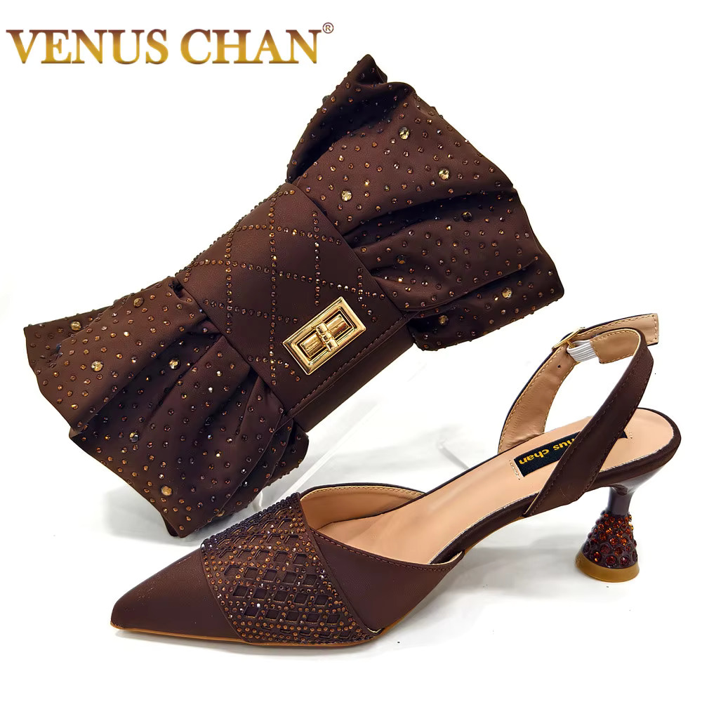Venus Chan 2025 Fashion Brown Color Women's Party Shoes Bag Set With Elegant Dia Butterfly Design - Stylish And Chic 250318