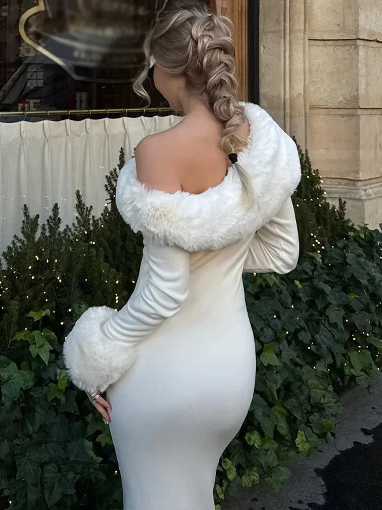 Tossy Fluffy Winter Slim Maxi Dress Female High Waist Long Sleeve Sexy Off-Shoulder Patchwork Bodycon Dress Ladies Party Dress 250210