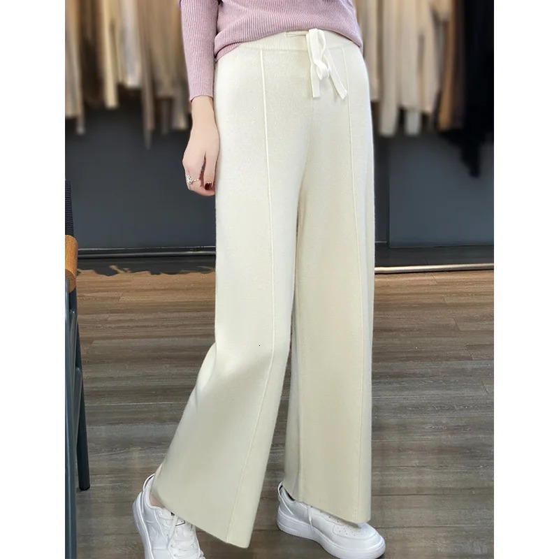 100% Pure Wool Womens High Waisted Wide Leg Autumn Winter Casual Loose Fitting Fashion Korean Cashmere Pants 2 Z260314