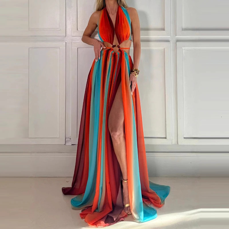 Summer Hollow Out Sleeveless Bohemian Dress Ladies Fashion Printed Pleated High Waist Dress Casual Halter Split Robe Dresses 250210