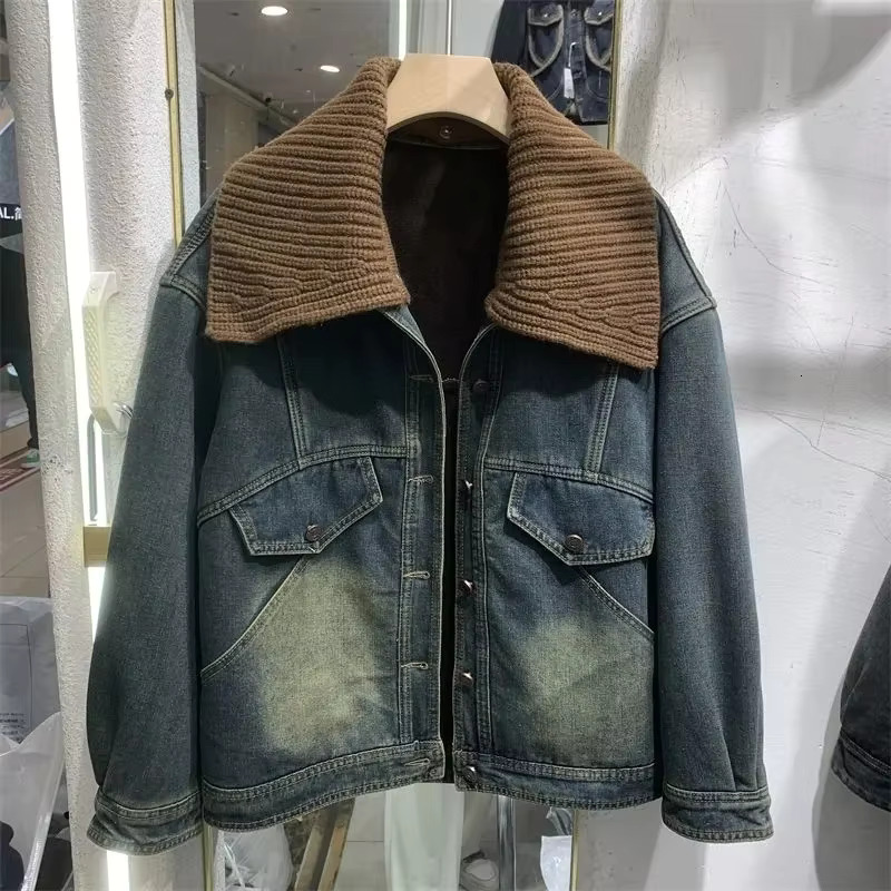 hoodie Autumn Winter New Denim Jacket Women Vintage Plus Veet Padded Cowboy Coat Short Knit Collar Outerwear Female jacket