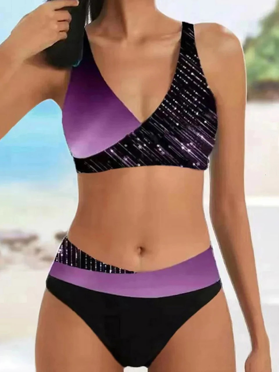 V Neck Bikini Set 2024 Women Stripe Print Patchwork Swimwear Summer Beachwear Swimsuit Female Bathers Bathing Swimming Suit 2XL 250210