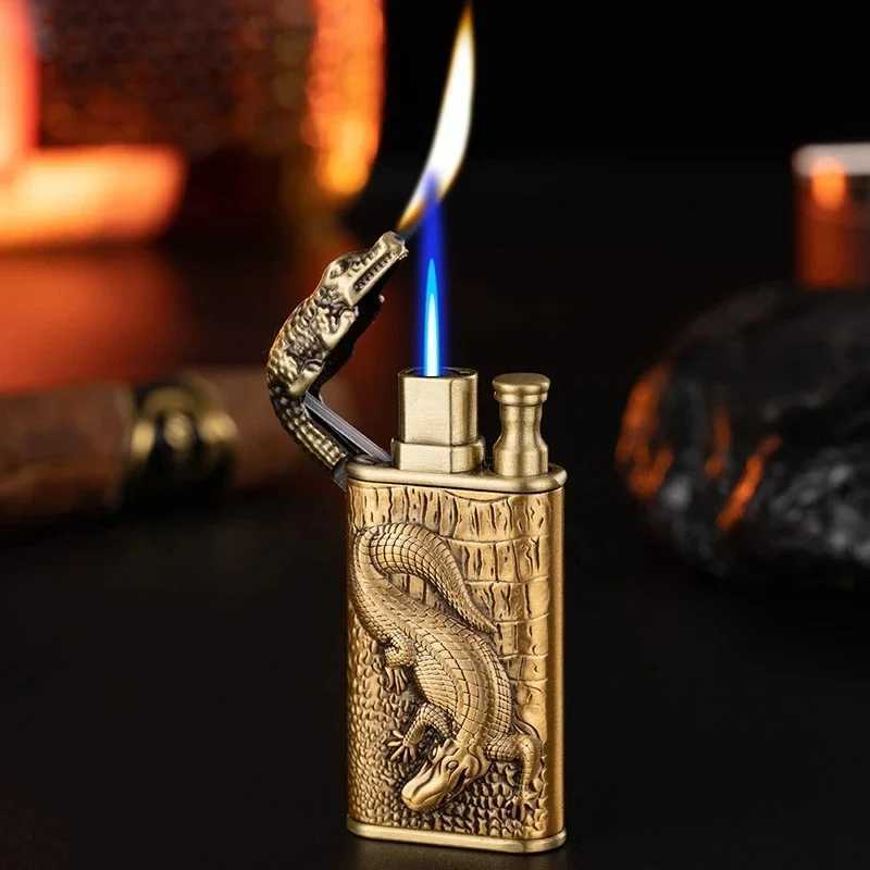 2024 3D Dragon Crocodile Double Fire Lighter Metal Windproof Spitfire Open Flame Conversion Gas Lighter Smoking Mens Gift Y250210