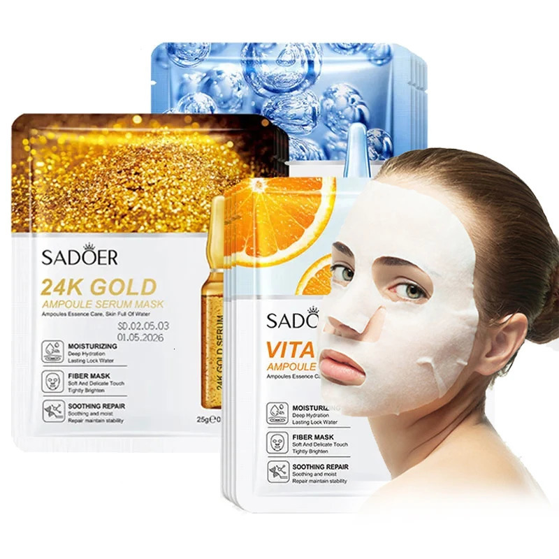 51015pcs SADOER 24K Gold Face Mask Facial Moisturizing Firming Hydrating Vitamin C Hyaluronic Acid Facial Masks Skin Care 250113