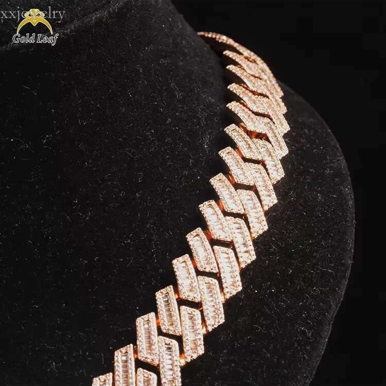 Iced-Out Gold Leaf 16mm Sterling Silver Cuban Link Hip Hop Necklace with Baguette Moissanite