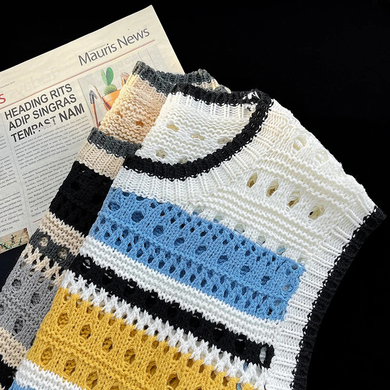 Unisex Summer Sweater Vest Men Retro Striped American Sexy Males Sleeveless Hollow Out Knitwear Harajuku Y2k 250210