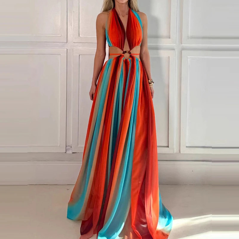 Summer Hollow Out Sleeveless Bohemian Dress Ladies Fashion Printed Pleated High Waist Dress Casual Halter Split Robe Dresses 250210