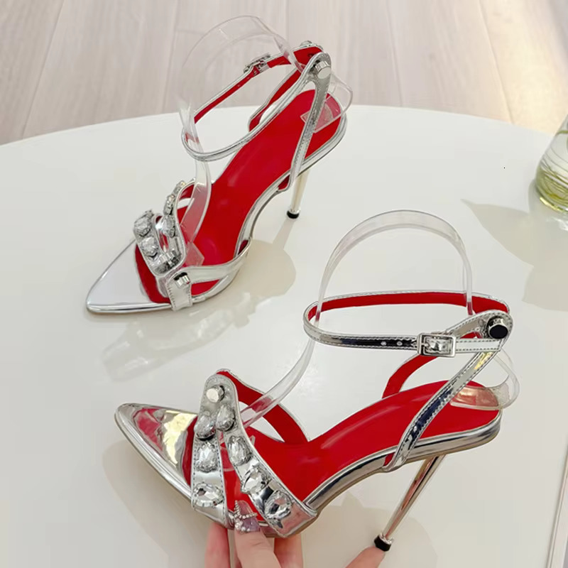 Liyke Summer Fashion Gem Rivet Narrow Band Women's Metal Thih High Heels Sandals Sexy Pointed Open Toe Party Dress Shoes Size 41