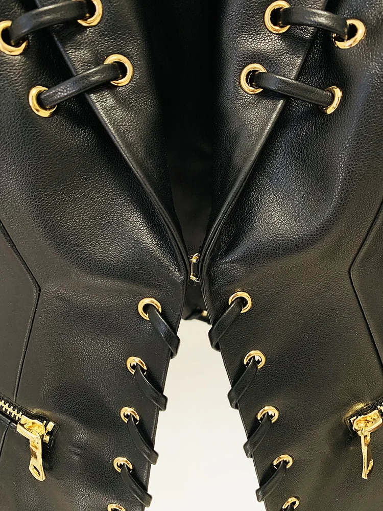 HIGH QUALITY est Fashion er Jacket Womens Rope Lacing Up Slim Fitting Leather Blazer 250208