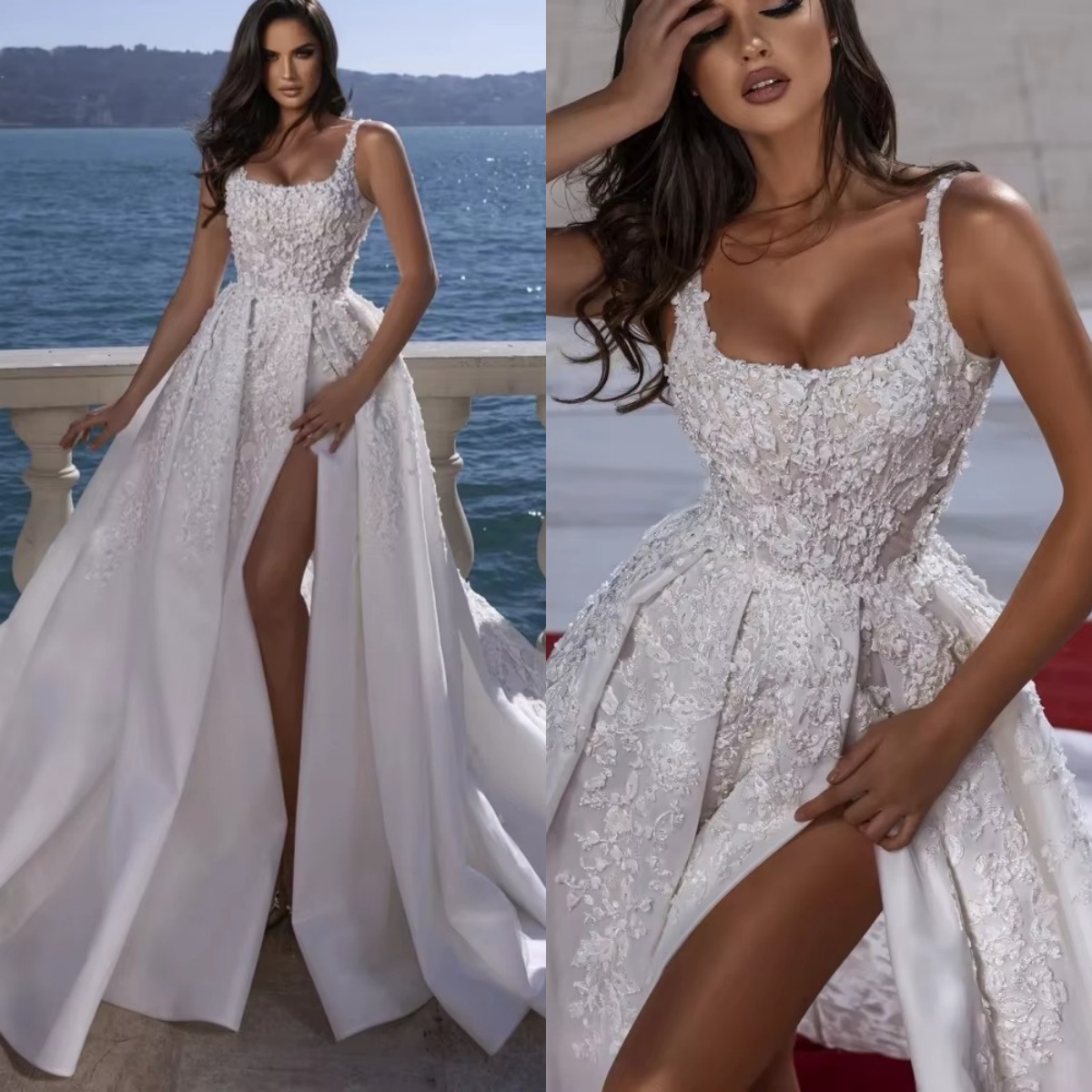 Simple Women Wedding Spaghetti Straps Sleeveless Bridal Gowns Appliques Split Side Sweep Train Dress Custom Made vestidos de novia