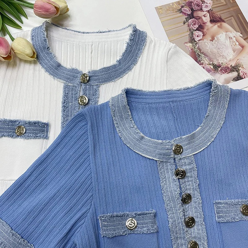 YuooMuoo Fashion Denim Patchwork O-neck Single Breasted Knit Maxi Dress Elegant Pockets Long Shirt Dress Vacation Robes 250210