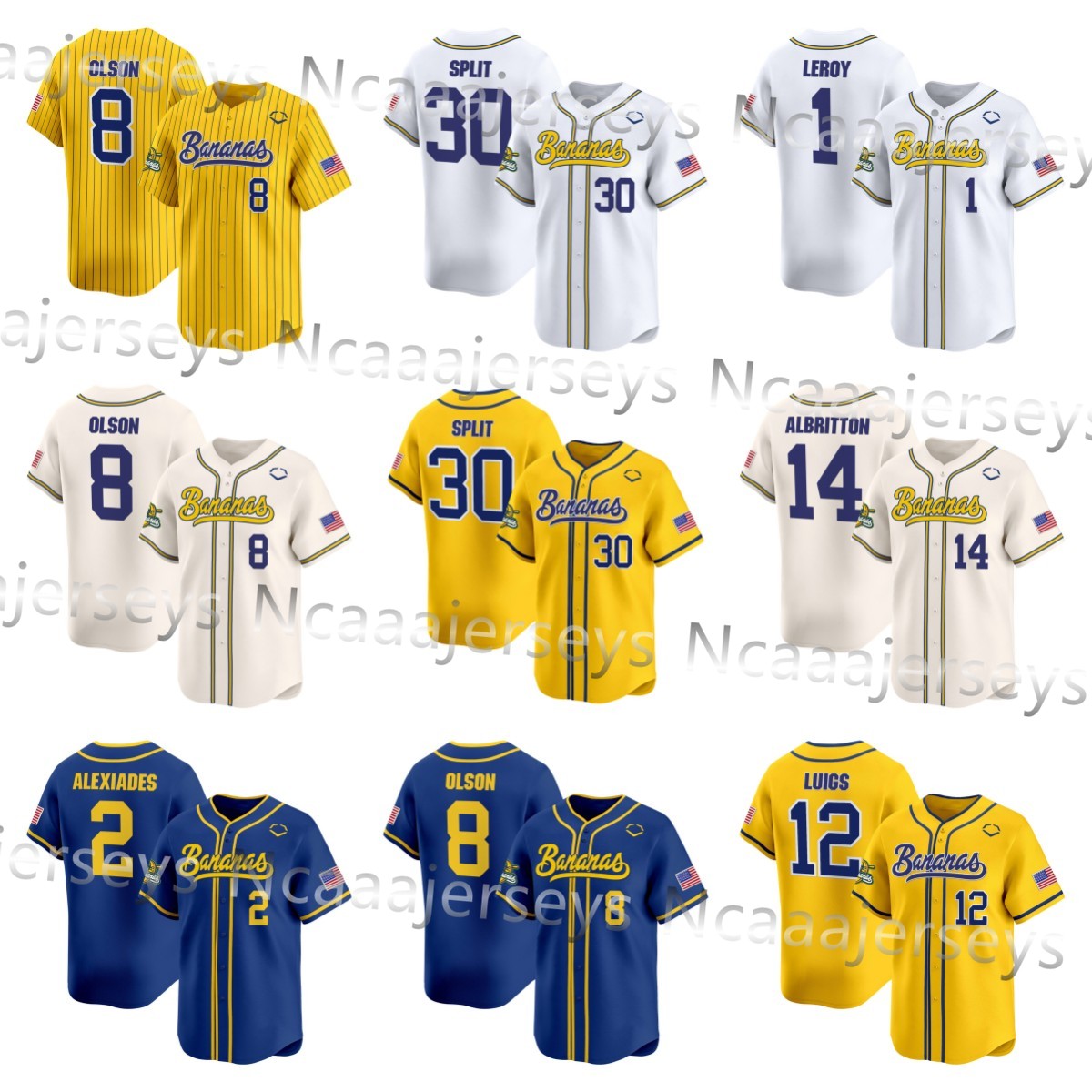 Custom 2024 Savannah Bananas Split Jackson Olson Baseball Jersey Brandon Crosby Dakota Albritton Kyle Luigs Malachi Reese Alexiades
