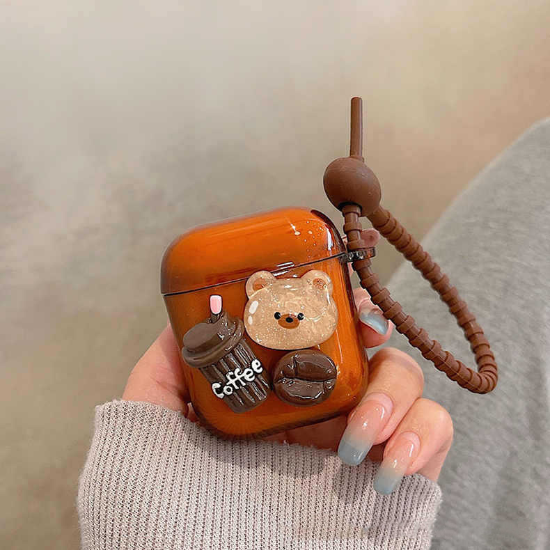 Ins Wind Charcoal 3D Bear with Chain Pro Protective Cover Wireless Bluetooth Earphone Case