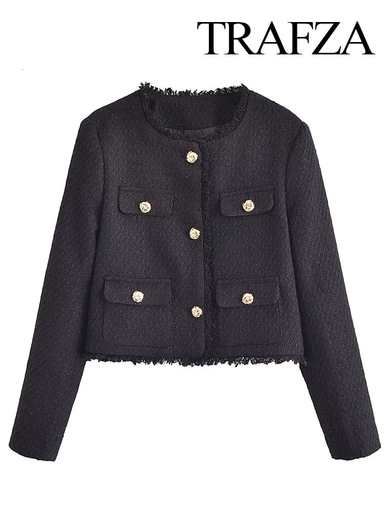 TRAFZA Autumn Women Vintage Fashion Cropped Tweed Jacket Pocket Stand Collar Long Sleeve Coat Elegant Female Chic Streetwear 250210