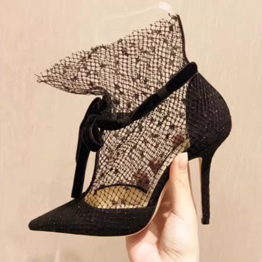 French Lace High Slim Heels Sexy Pointed Temperament Single Shoes Women's Spring and Summer Breathable Mesh Cool Boots