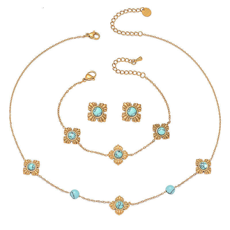 Personalized trend new Chinese style four petal wer inlaid with turquoise accessories three piece necklace earrings bracelet stainless steel set