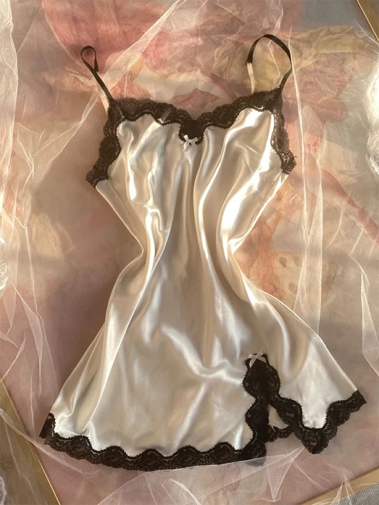 Sexy womens dress lace Harajuku fashion solid color Y2K slit short skirt cute emo girl comfortable satin aesthetic suspender 250210