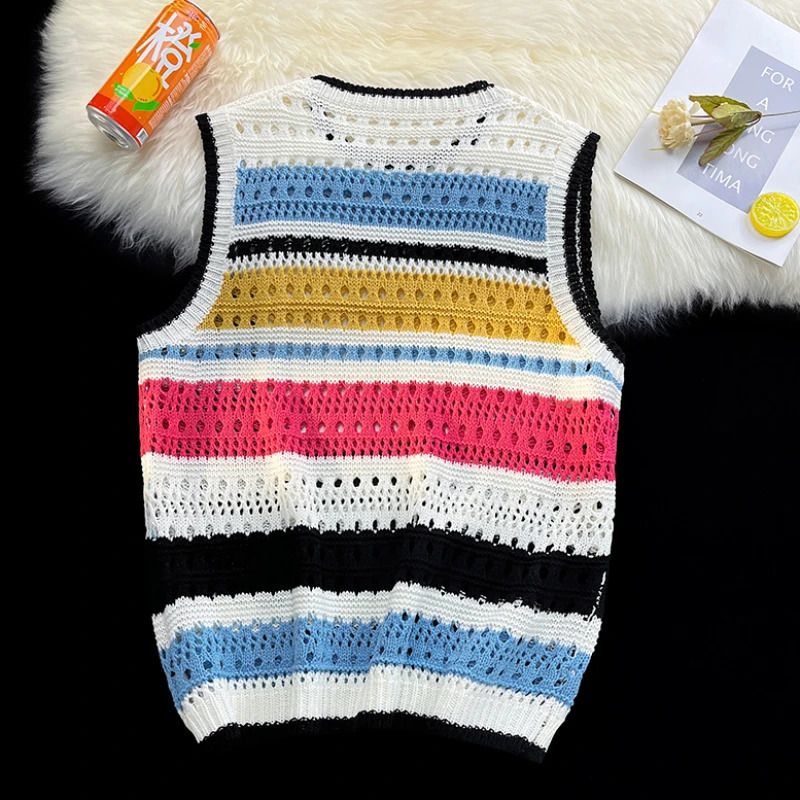 Unisex Summer Sweater Vest Men Retro Striped American Sexy Males Sleeveless Hollow Out Knitwear Harajuku Y2k 250210