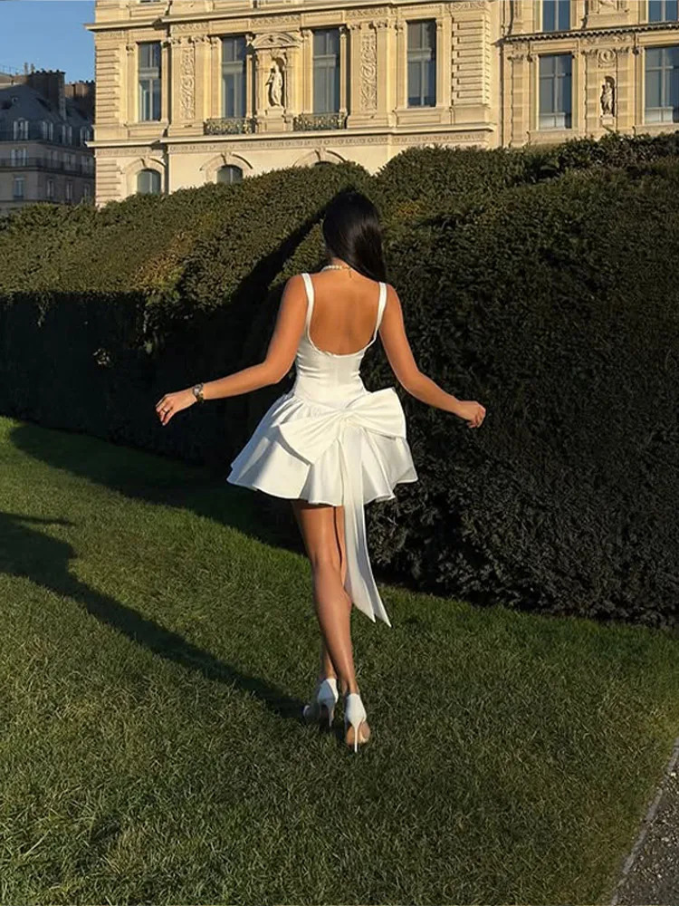 Elegant 3d Bow Backless White Mini Dress For Women Fashion Sling A-line Pleated Vestidos 2025 Spring Lady Party Evening Gown 250210