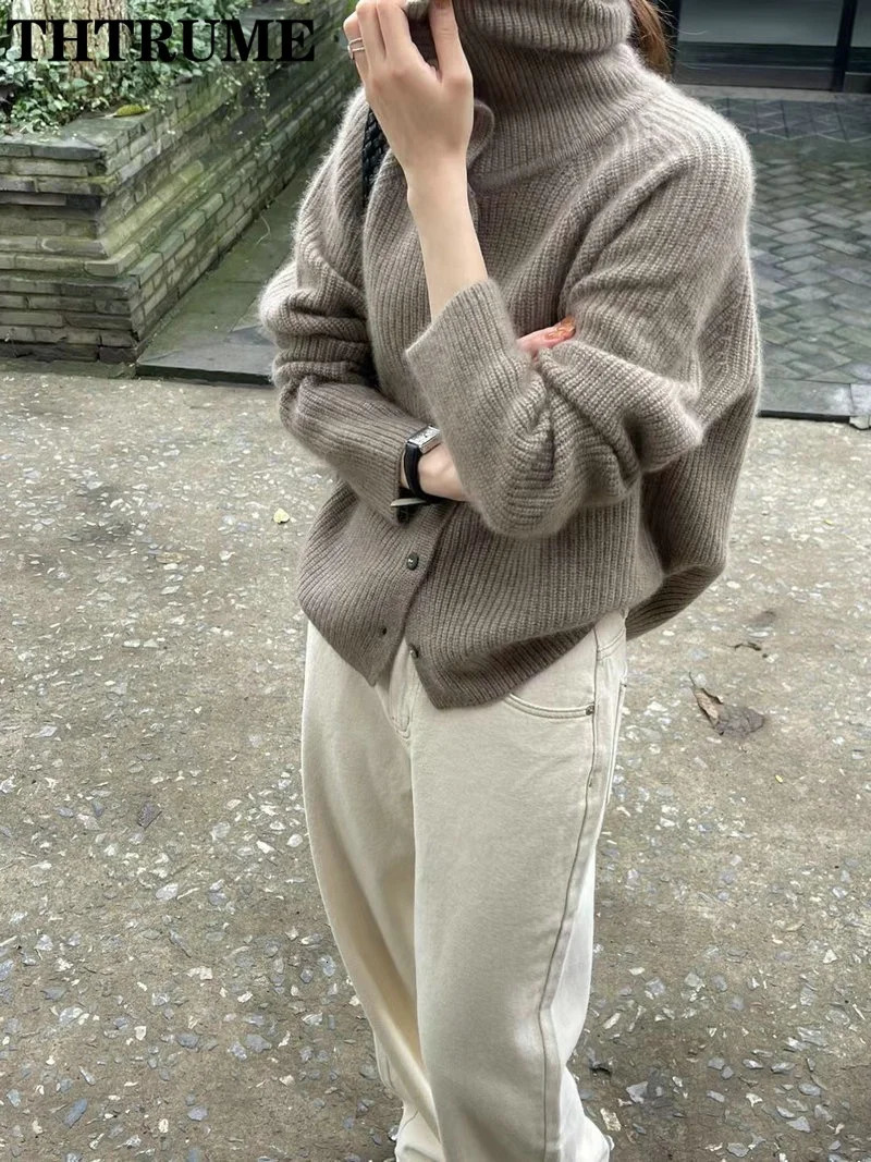 Elegant Turtleneck Cardigan Fashion Women Solid Long Sleeve Single Breasted Sweaters Casual Loose Korean Knit Cardigans 250206