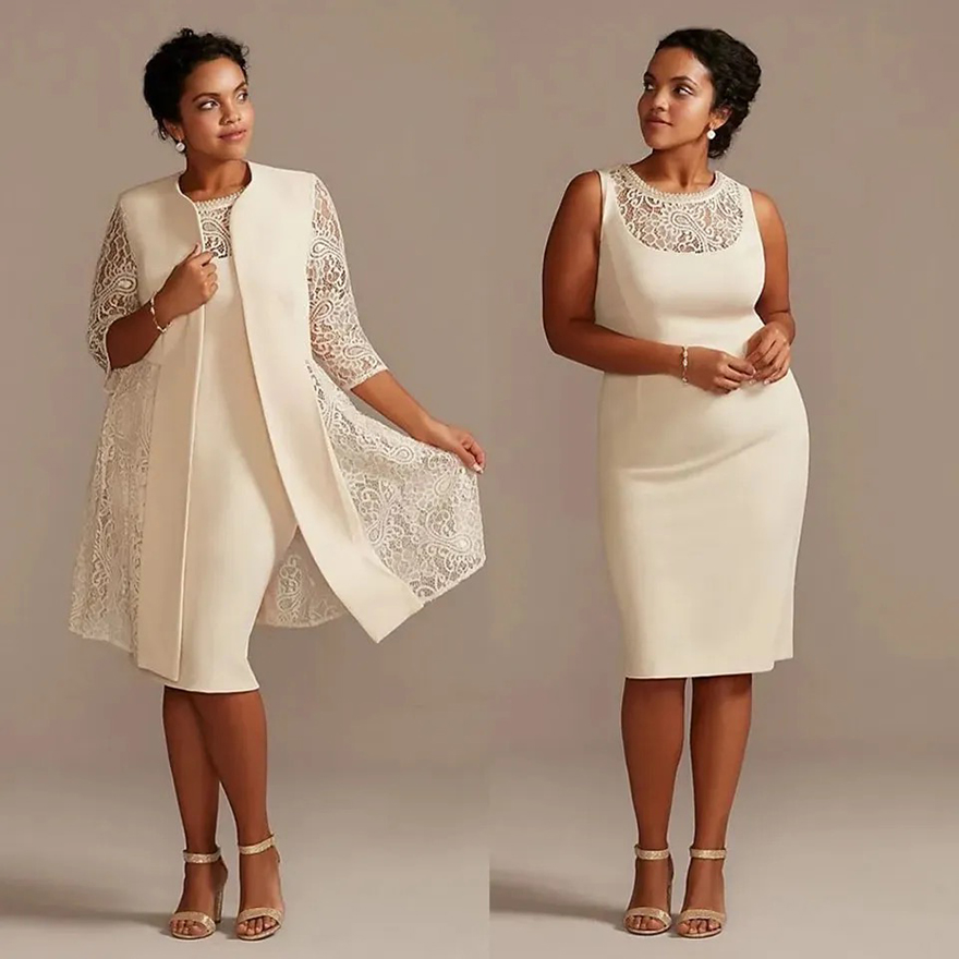 Mother's Dresses Ivory Mother Of The Bride Scoop Knee-Length Plus Size Custom Zipper Up New Formal Straight Satin Lace With Jacket 3/4 Long Sleev