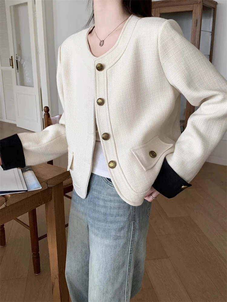 Jmprs Slim Elegant Tweed Jackets Women Fashion Korean Long Sleeve Short Coats Casual O Neck Female Fall Winter Tops 250210