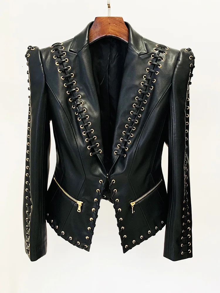 HIGH QUALITY est Fashion er Jacket Womens Rope Lacing Up Slim Fitting Leather Blazer 250208