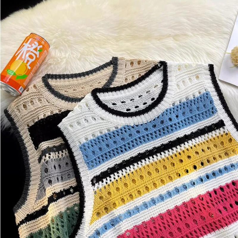 Unisex Summer Sweater Vest Men Retro Striped American Sexy Males Sleeveless Hollow Out Knitwear Harajuku Y2k 250210