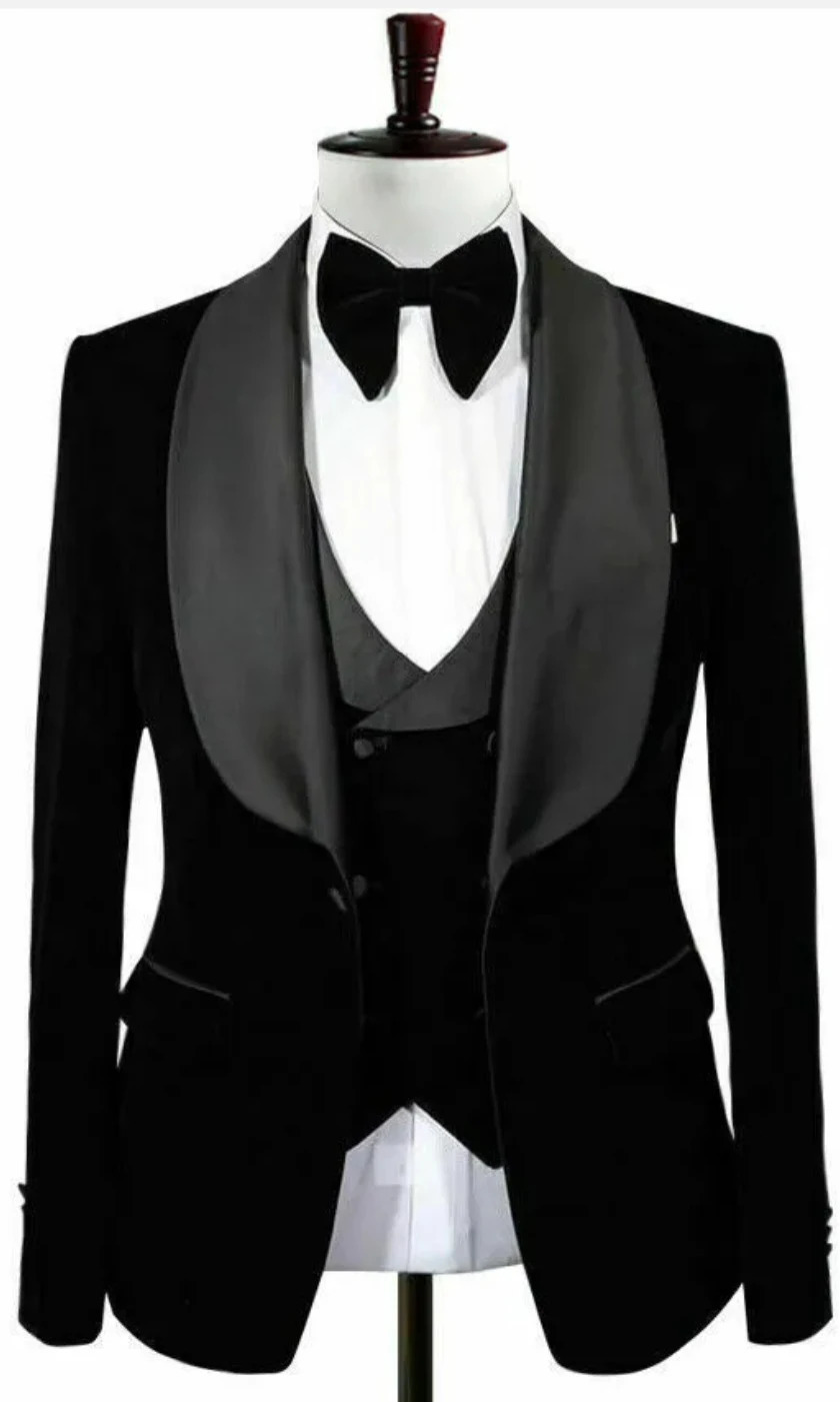 Mens 3 Pieces Suit Black Velvet Jacket Vest Black Pants Shawl Lapel Wedding Prom Dinner Banquet Groom Tuxedos 250210