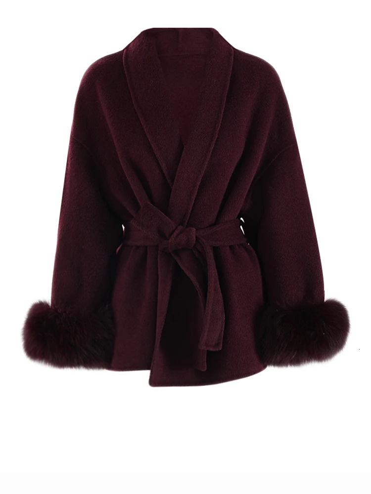 EOEN Red Wine Fur Cuff Large Size With Belt Wool Coat Wrapped Long Sleeve Jacket Women Fashion Marea Fall Winter 2024 250109Z