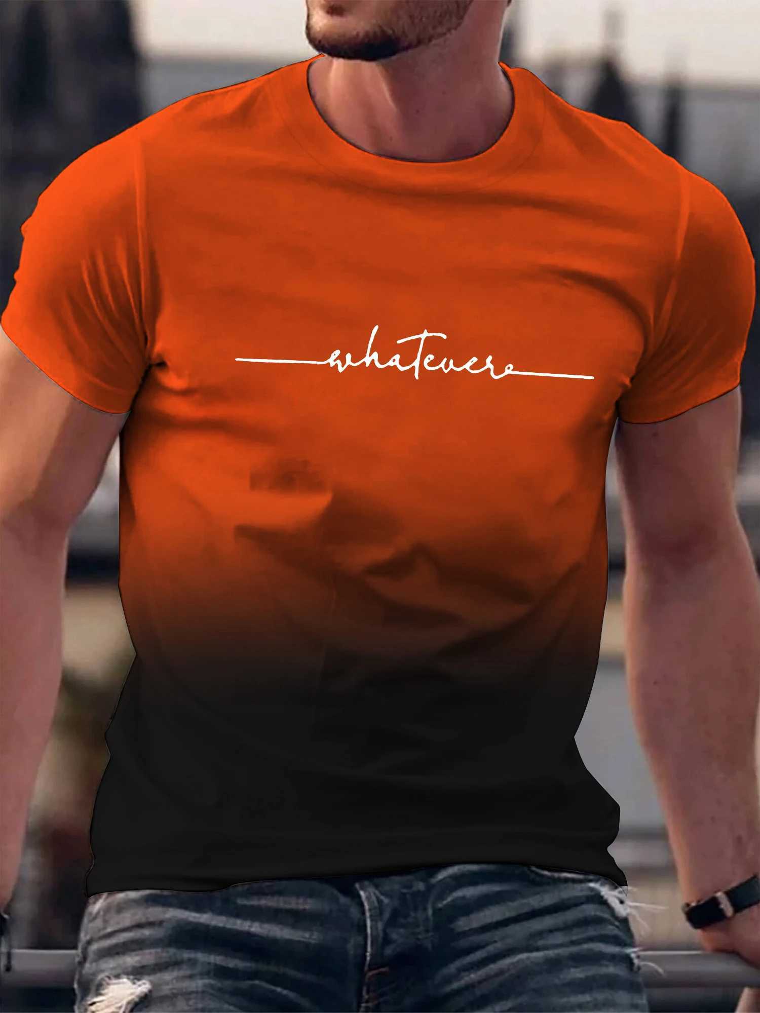 Summer Outing Whatever Print Gradient Crew Neck T-shirt For Men Trendy Casual Short Sleeve Top Mens Tee ropa de hombreXJ250211