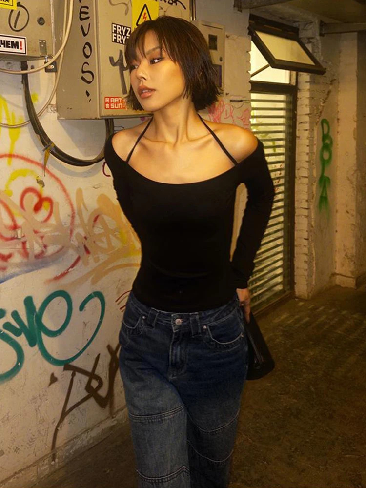 y2k Long Sleeve Black Retro Autumn Slim Tight EGirl Wearing Sleeves Base Clothes roupas 250114