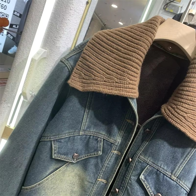 hoodie Autumn Winter New Denim Jacket Women Vintage Plus Veet Padded Cowboy Coat Short Knit Collar Outerwear Female jacket
