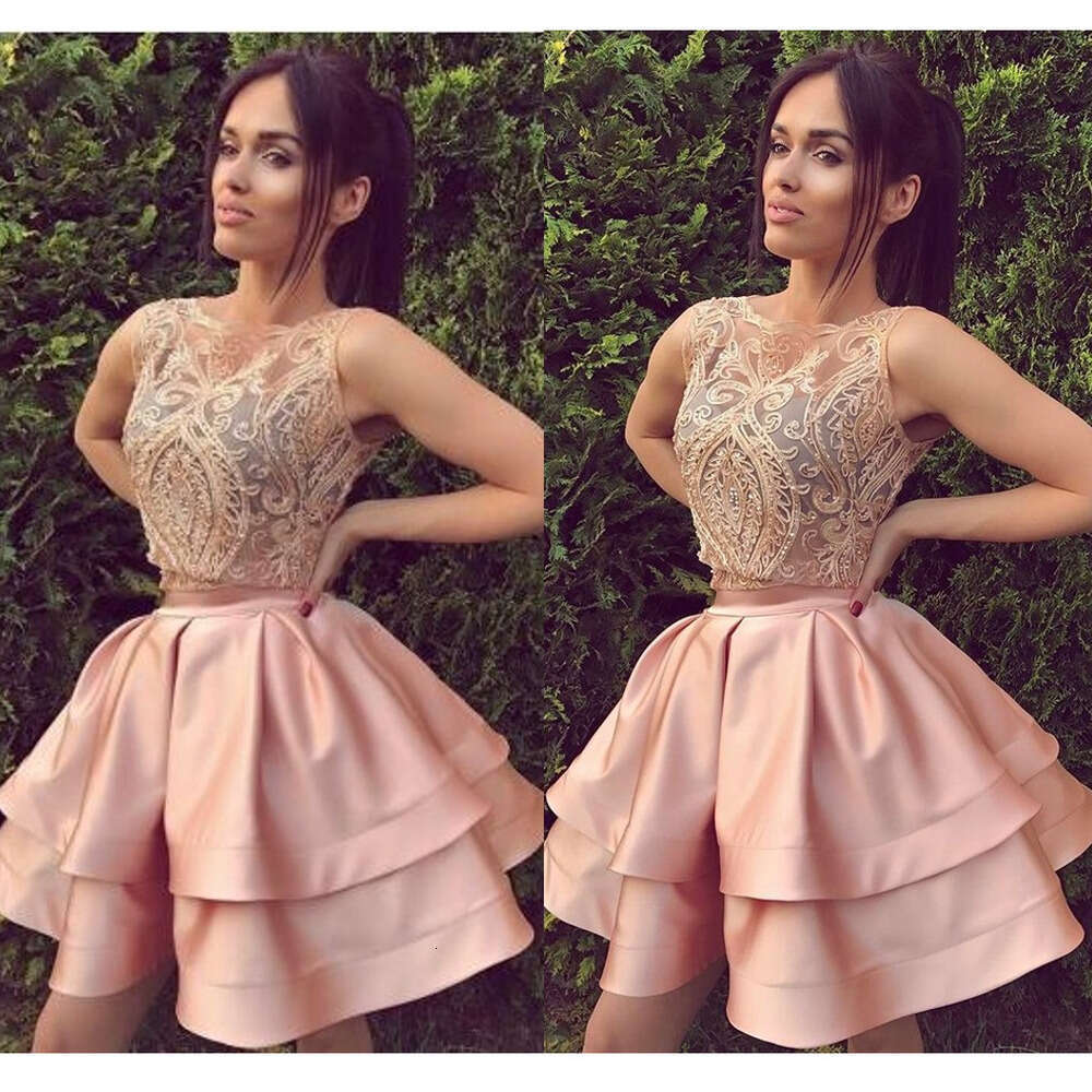 Best Selg Newest Two Pieces Homecoming Scoop Neck Lace Applique Tiered Satin Short Prom Dresses Tail Party Gowns 0627