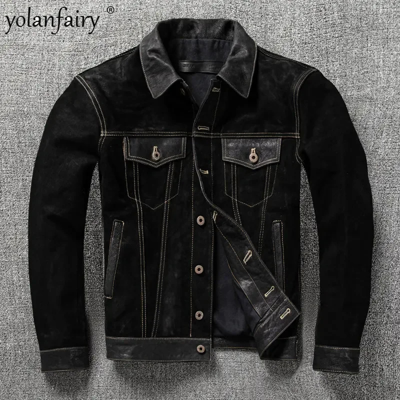 Mens Sheepskin Suede Leather Jacket for Man Slim Fashion Lapel Leather Clothes Men Clothing Short Spring Veste Cuire Homme 250211