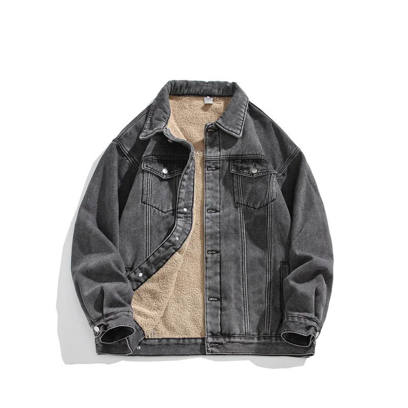 Mens winter jeans streetwear denim jacket warm denim jacket mens wool lining thick wool denim jacket 250211