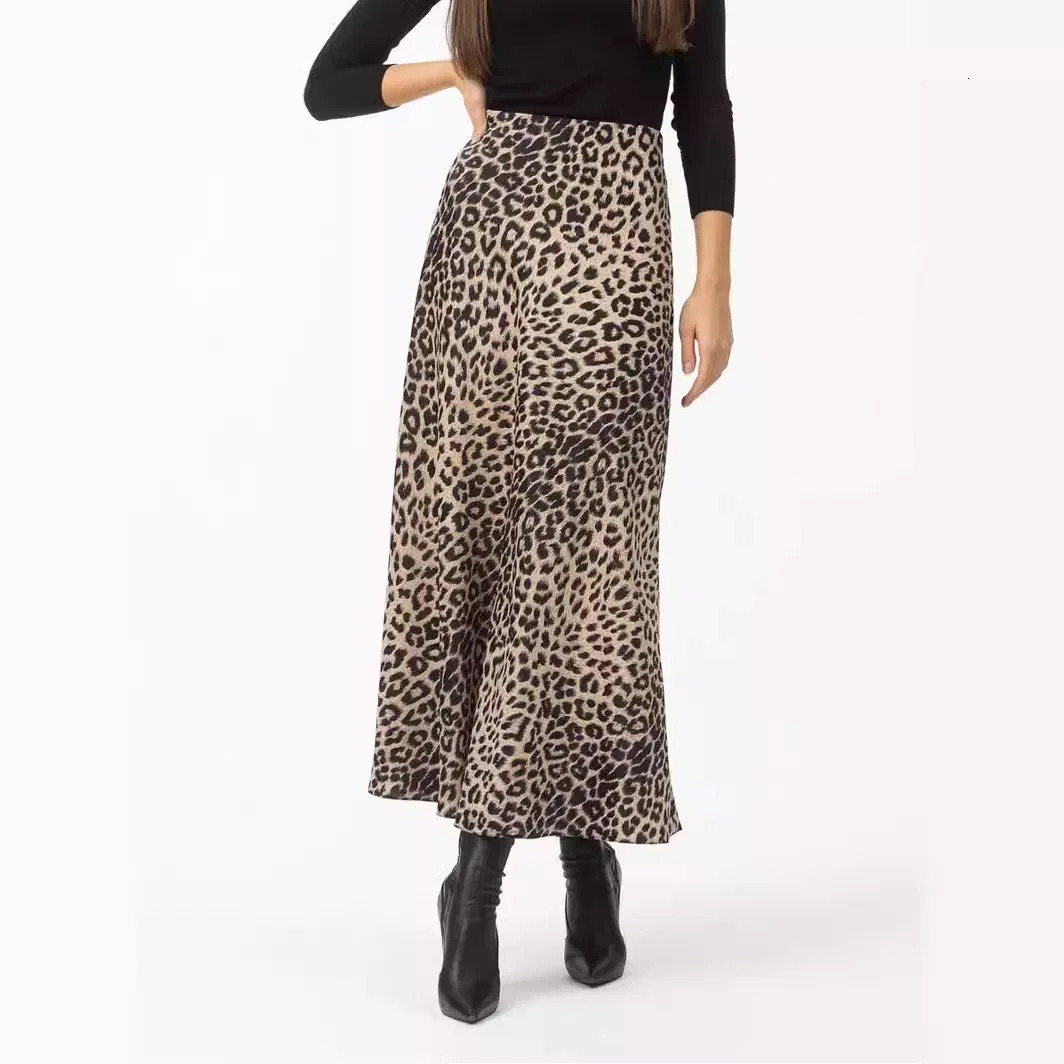 Skirts Womens summer sexy leopard print high waist elastic silky skirt ankle length Forking Womens clothing WSL6751 250211