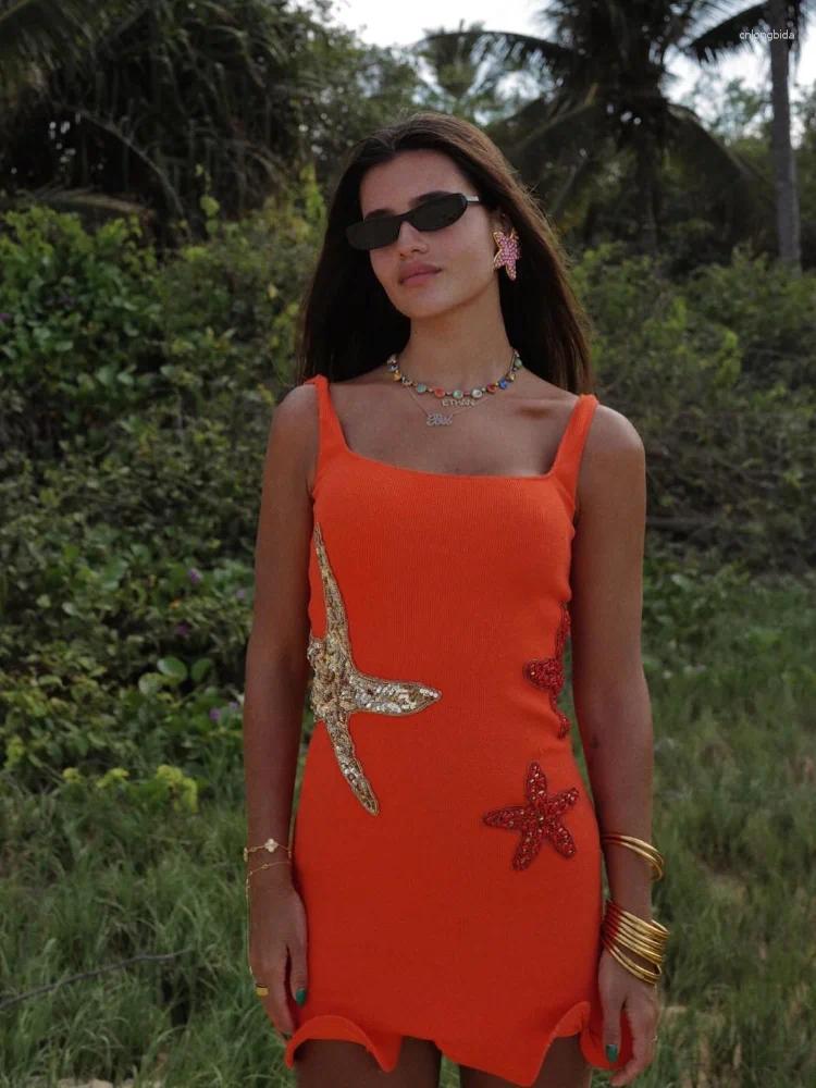 Casual Dresses Sexy Orange Sequin Star Decor Mini Dress Women Fashion Backless Sleeveless Slim Vestidos Summer Lady Beach Party