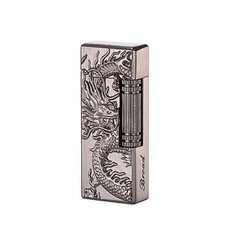 New Grinding Wheel Side Slide Tilt Flame Butane Gas Lighter High Quality Metal Embossed Open Flame Lighter Cigarette Accessories Y250210