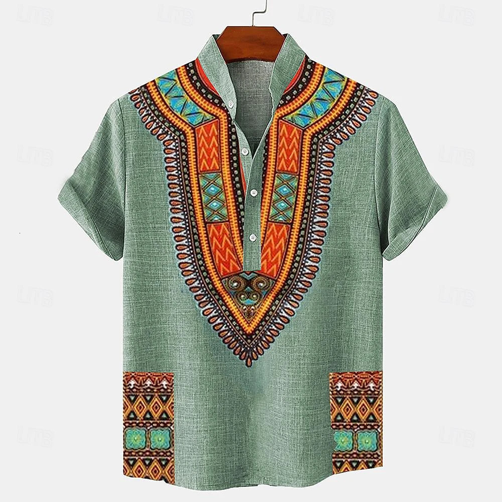 Mens Tops Pullover Linen Mens Tribal Totem Short Sleeve Shirt Half Cardigan Button Stand Collar Shirt Linen Mens Tops 250211